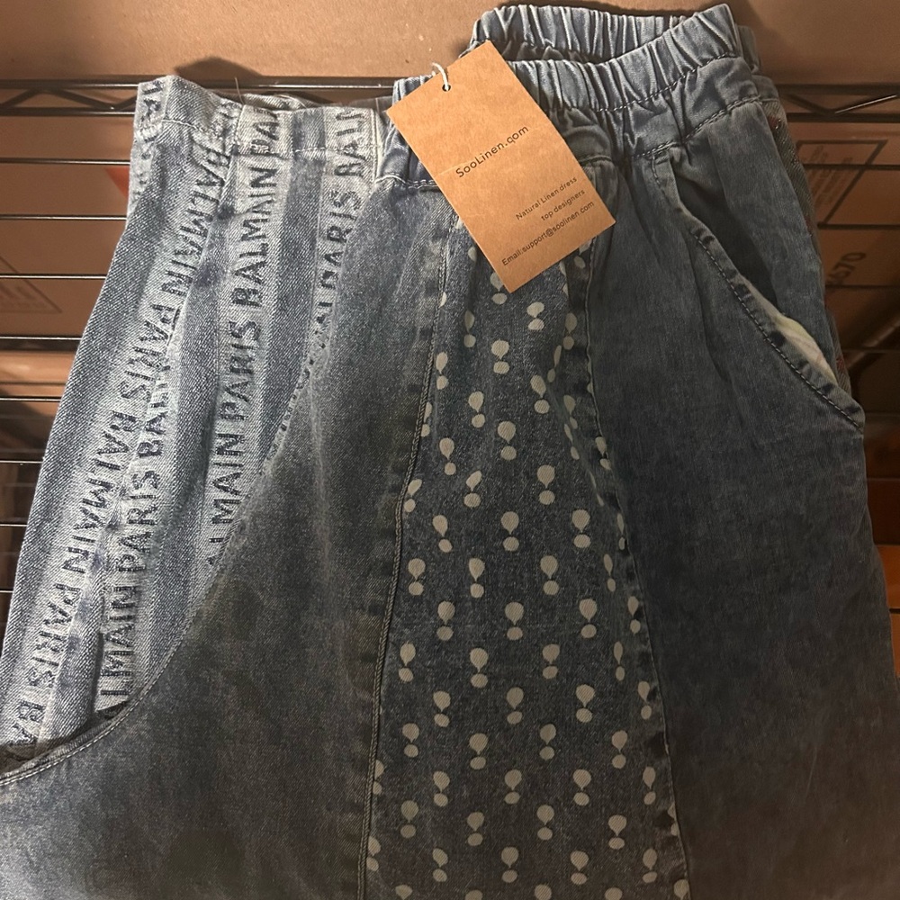 SooLinen Patchwork Denim Wide Leg Pants in Faded Blue